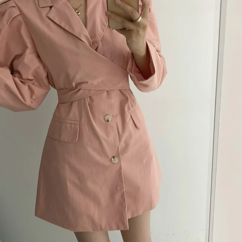 

Yocalor Sexy Cross Drawstring Chic Pockets Suit Dress Fresh Notched Puff Sleeve Dresses Women High Waist A-line Femme Vestidos
