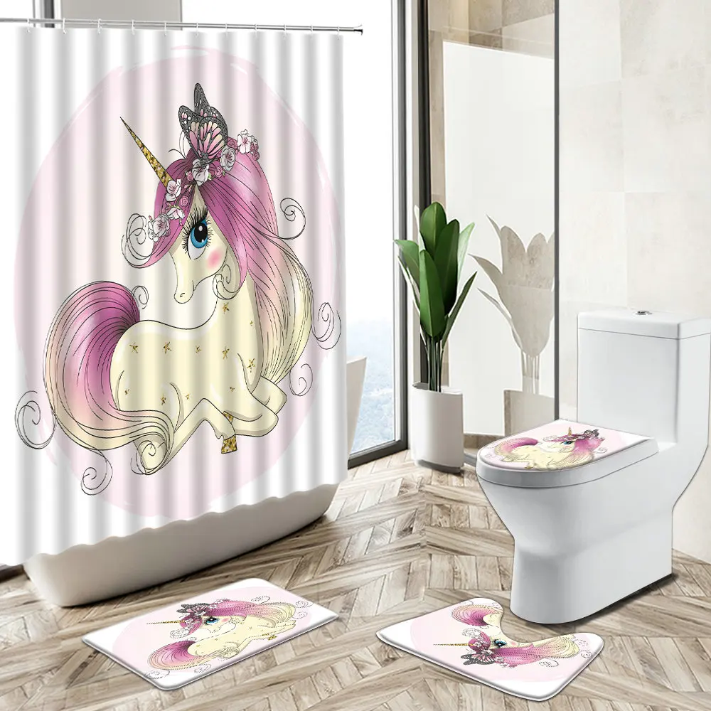 Offerte Cartoon Unicorn Dolphin Design Tenda Per Doccia Simpatico Animale Arcobaleno Kid Decorazioni Per Il Bagno Tappeto Antiscivolo Copriwater Tappetino Da Bagno Set Regalo
