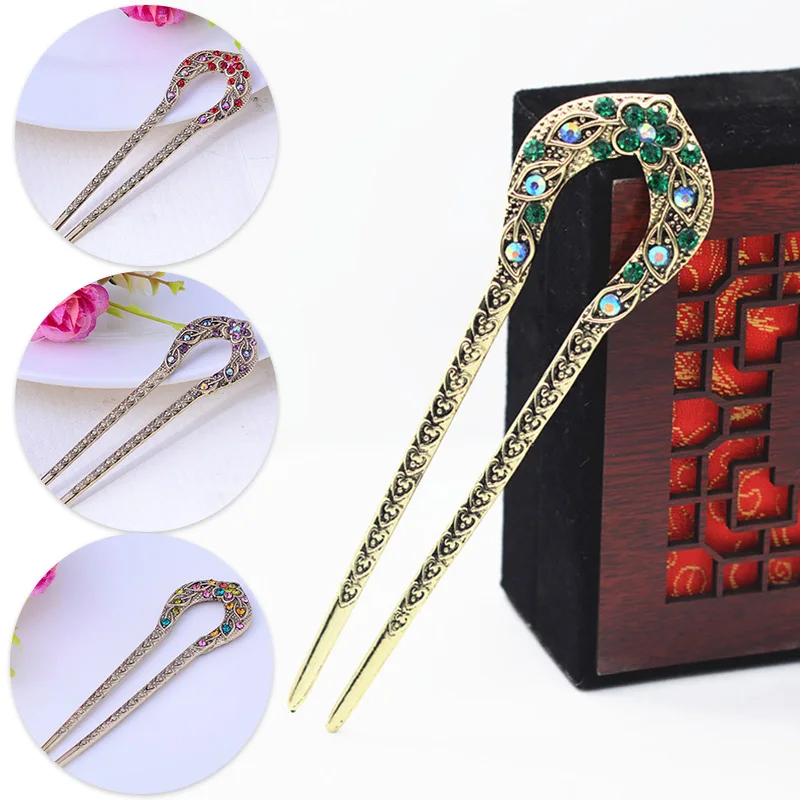 

1PCS retro hairpin disc hairpin jewelry headdress double fork antique peach blossom rhinestone hairpin hairpin S78