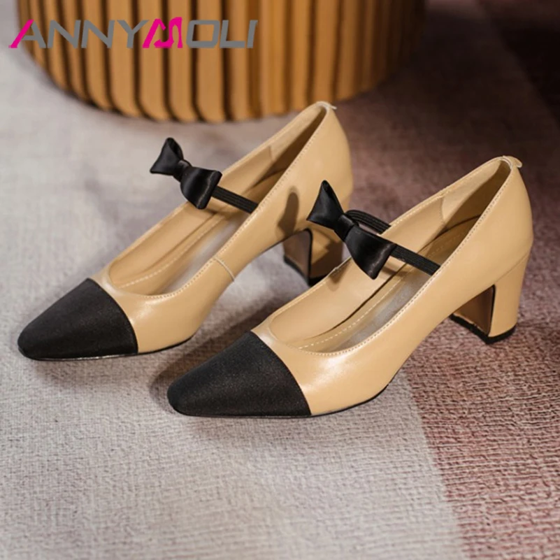 

ANNYMOLI Spring Mary Janes Shoes Genuine Leather Women Chunky Heels Pumps Bow Square Toe High Heel Footwear Autumn Apricot 2022