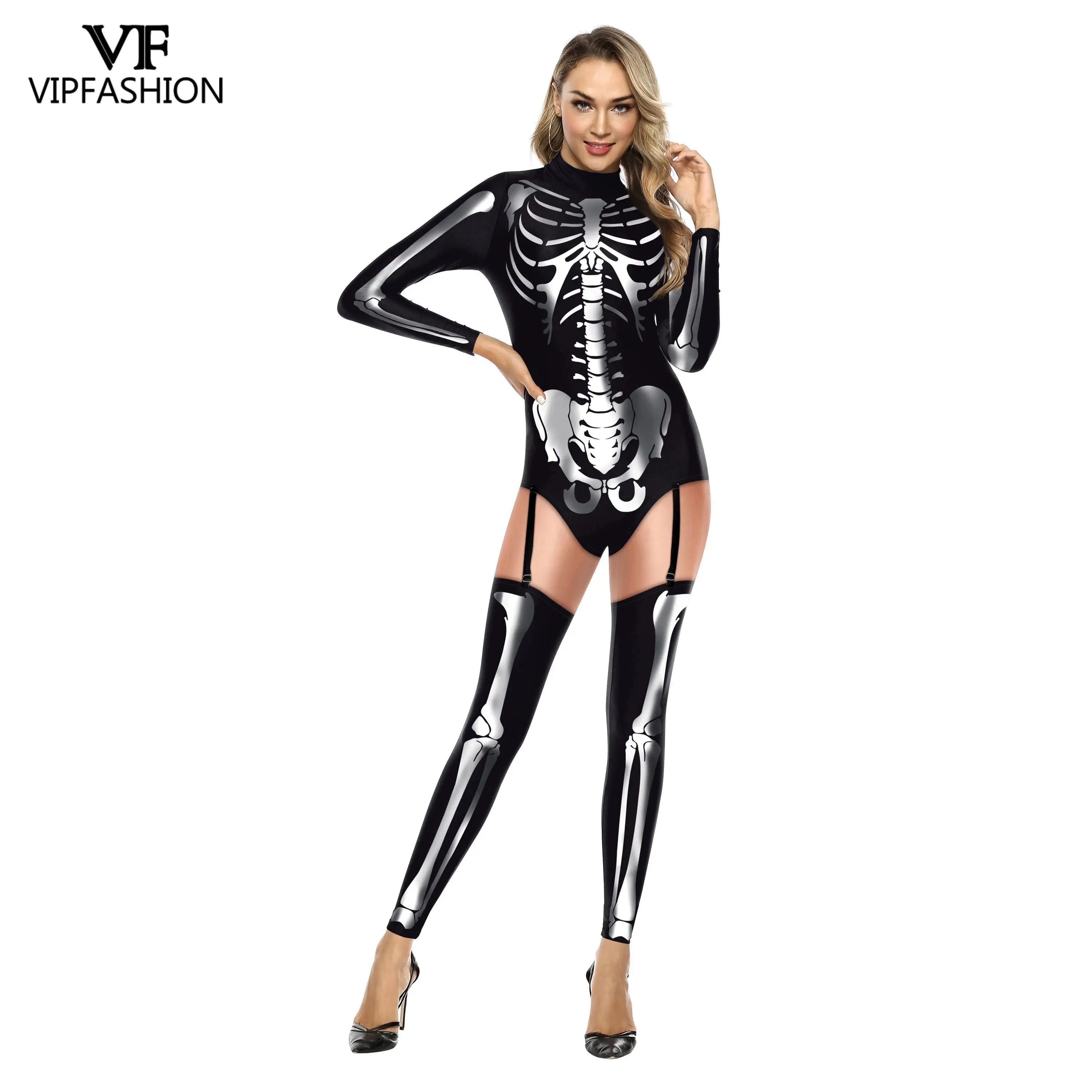 

VIP FASHION Cosplay Skeleton Printed Jumpsuit Carnival Party Clothes Onesies Outfits Romper Bodysuit Halloween Costume For Women