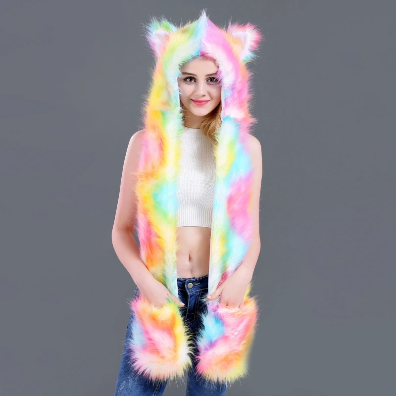 

Women 3 In 1 Furry Animal Hat Scarf Gloves Mittens Multifunctional Rainbow Colorful Fluffy Plush Hoodie with Paws Ears