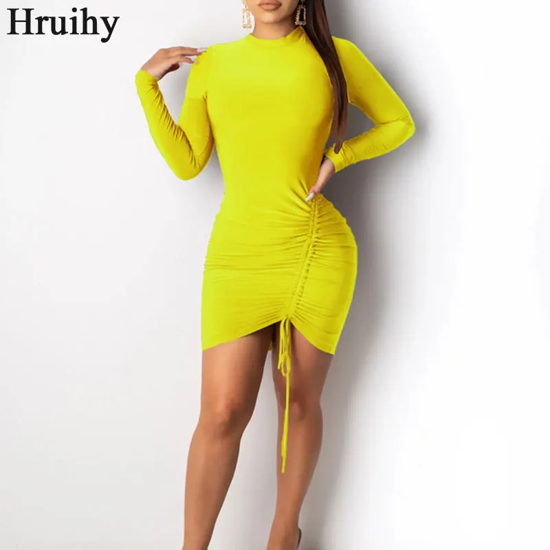 

Plus Size Dress Women High Waist Solid Color Drawsrting Fashion Bodycon Dress Femlae Long Sleeve Casual Knit Autumn Robe Femme