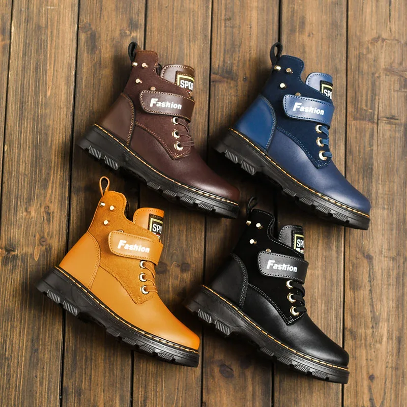 

Children Boots Autumn And Winter Leather School Boy Shoes Fashion In The Calf Snow Boots Plush Warm Waterproof Kids Martin Boots