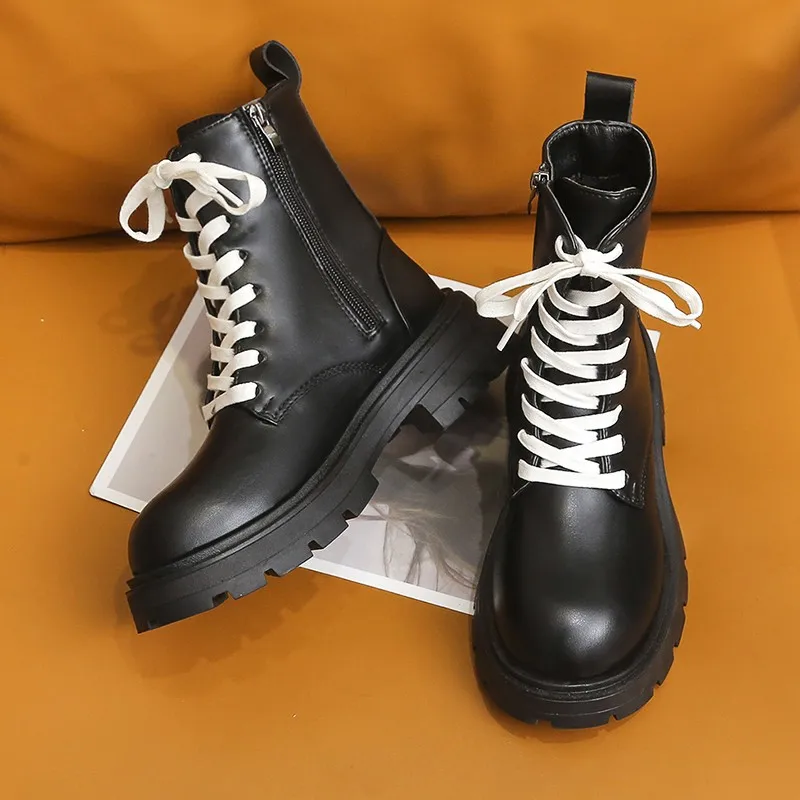 Women's Ankle Boots New Winter Fashion Boots Women's PU Leather Platform Thick Heels Ladies Lace-up Zipper Warm Boots