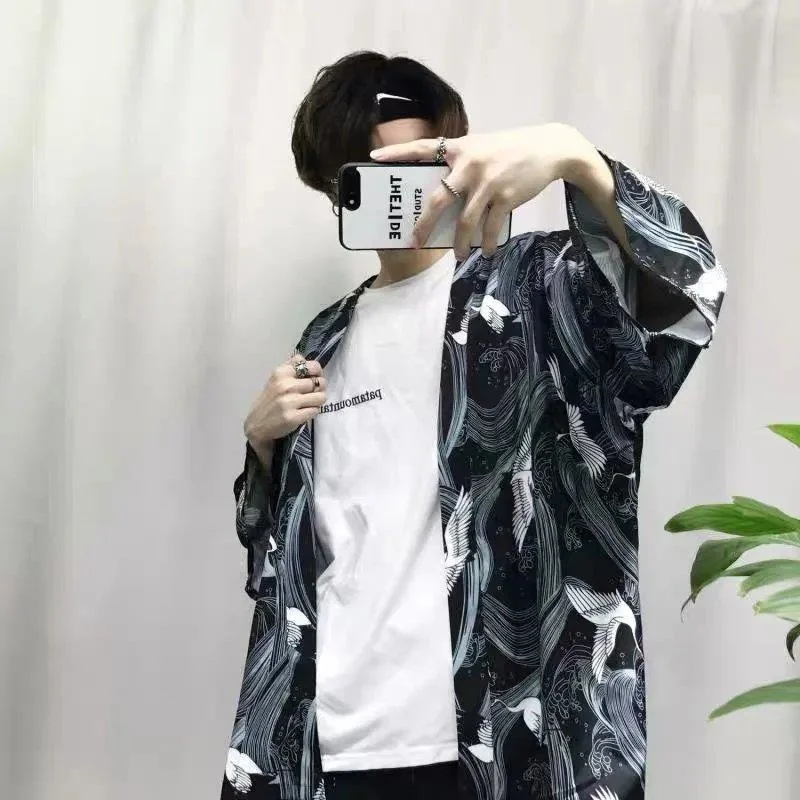 

Chinese Crane Seven Sleeve Cloak Plus Size Men's Thin Sunscreen Clothes Taoist Robe Coat Summer Men Hawaiian Shirt Streetwear