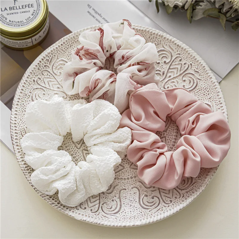 3 Pack Fashion Chiffon Big Scrunchies Set Solid Flower Print Fabric Hair Tie Elastic Head Band Women Hair Rope Ponytail Holder