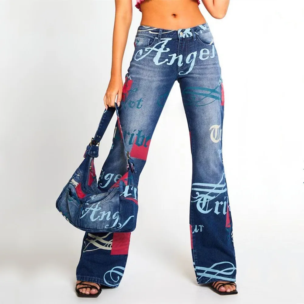 

Flare Jeans Women Baggy Wide Leg Streetwear Printed Symbol Washed Pants Bintage Blue Low-rise Plus Size Trousers Jeans 2XL