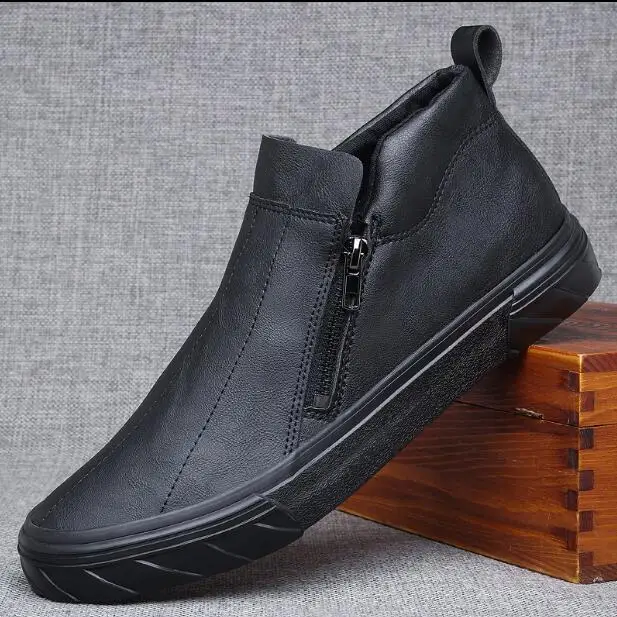 Черный autumn new fashion street cool men simple zipper pu leather casual shoes man trend leather shoes loafers - Цвет: Черный
