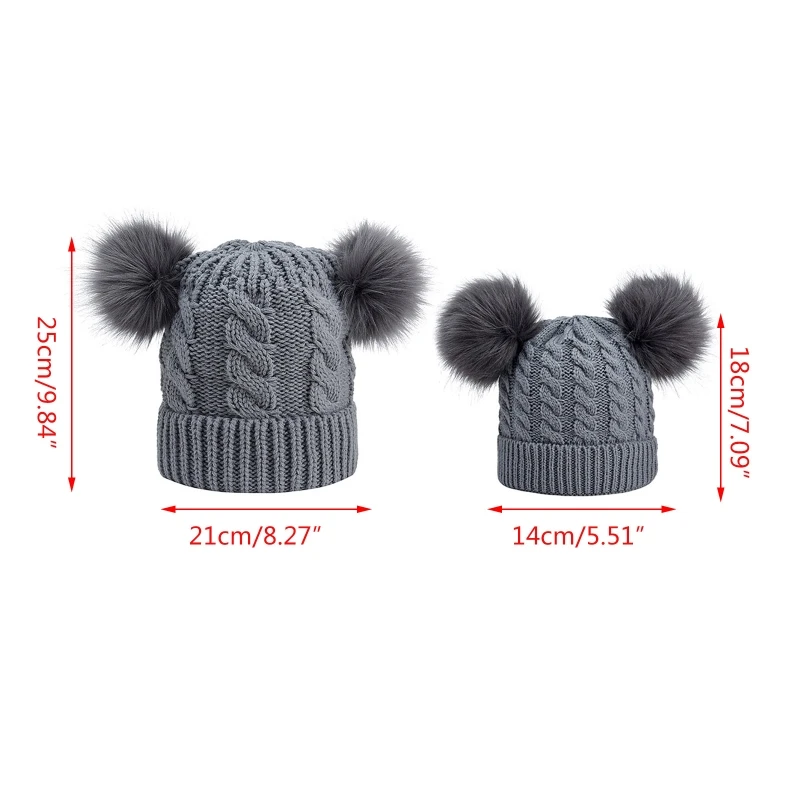 

2Pcs Parent-Child Winter Cable Knitted Beanie Hat Cute Double Pompom Solid Color Mom Baby Matching Cuffed Skull Cap Ear Warmer