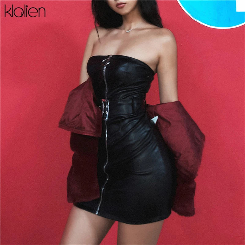 KLALIEN женское весеннее готическое стильное черное платье из искусственной кожи на