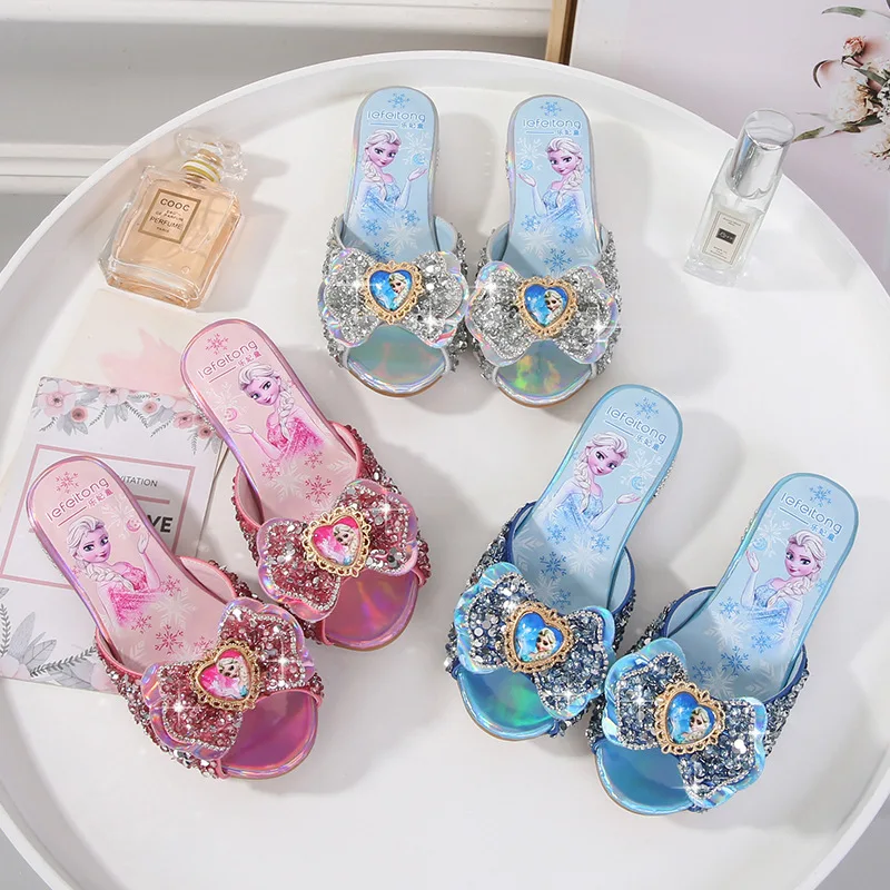 

2021 Disney Girls Summer Sandals Slipper Sequined Princesse Children High Heel Party Dress Elsa Shoes Leather Slipper for Girls