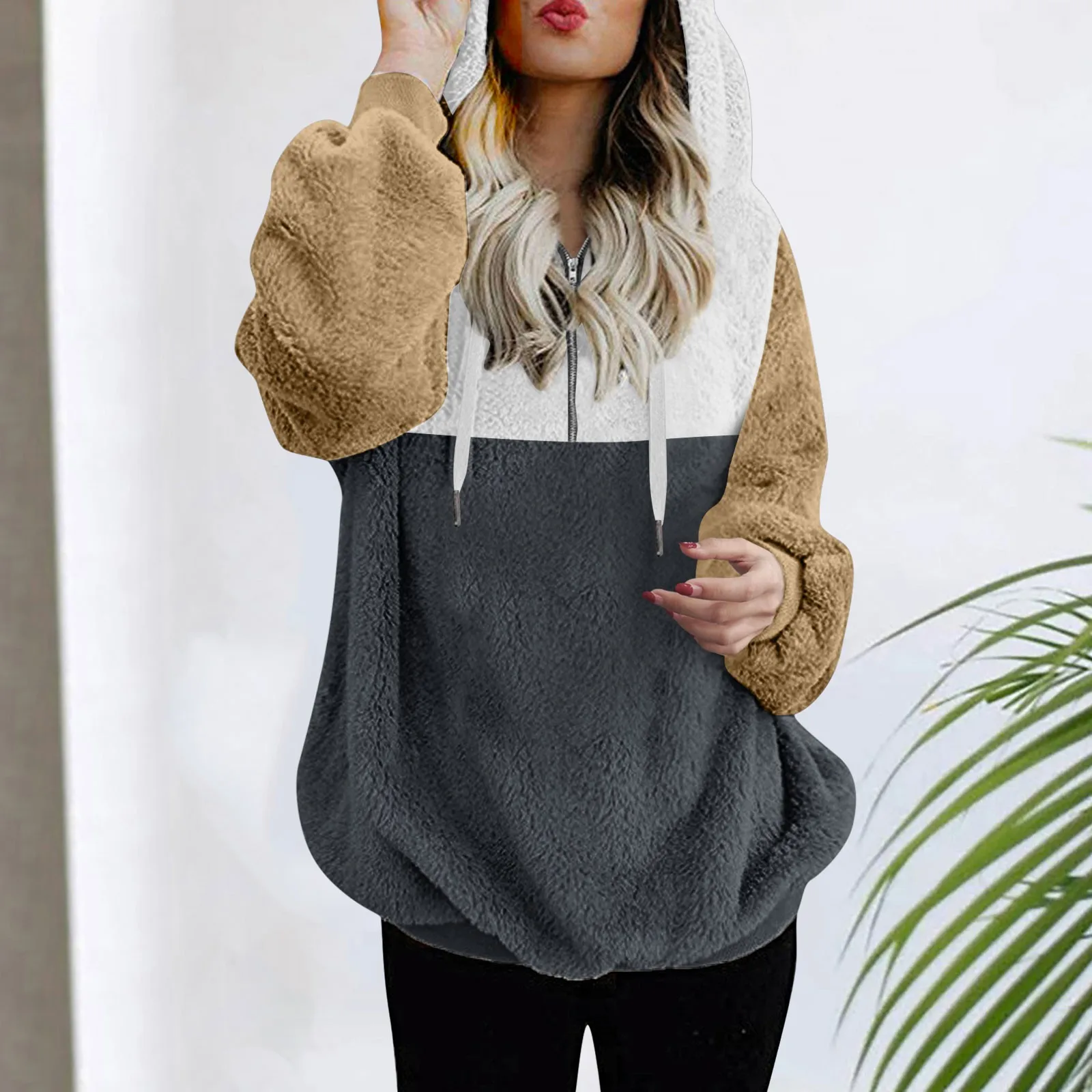 

Harajuku Hoodies Women Streetwear Color Block Jacket Coat Warm Winter Top Oversized Sweatshirt Ladies Hooded Pullover Jumper