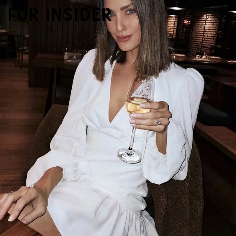 For Insider V neck vintage ruffle white dress Women flare sleeve slim bodycon elegant Party club autumn winter sexy | Женская одежда