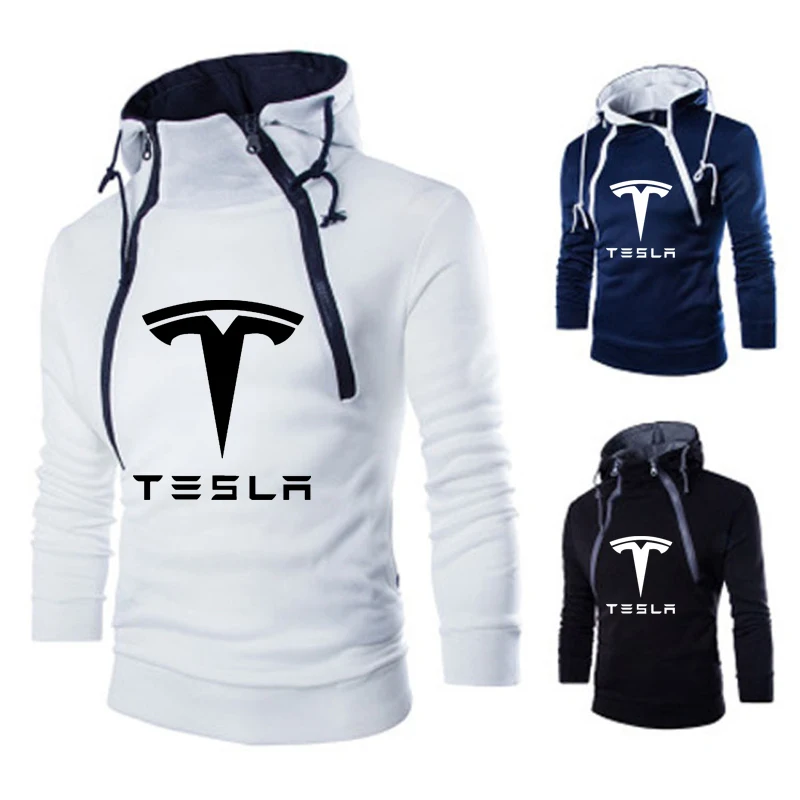 

Новинка весна-осень 2021, мужские толстовки с принтом Tesla и логотипом автомобиля, толстовка с двойной нитью, Мужская толстовка, Повседневная Т...