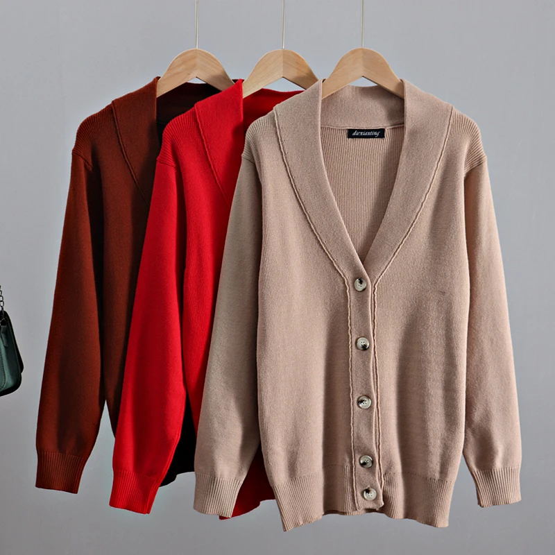 Женский трикотажный кардиган GIGOGOU Свободный с v-образным вырезом и карманом |