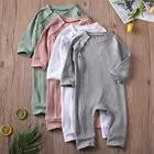 Комбинезон в рубчик с длинными рукавами на молнии и пуговицами для новорожденных мальчиков и девочек, однотонная хлопковая повседневная одежда для малышей от 0 до 24 месяцев