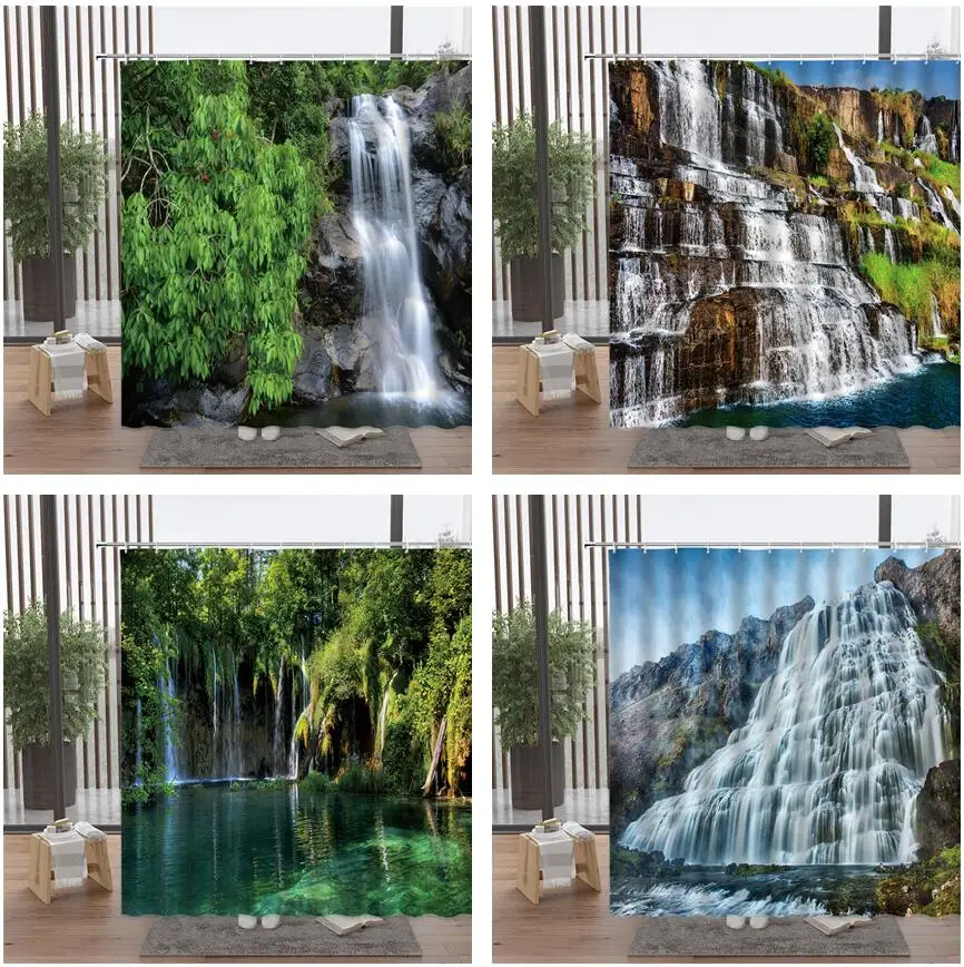

Природа водопад декорации занавески горный лес Аксессуары для ванной комнаты Набор Водонепроницаемый с одной главной балкой с крючком дом...