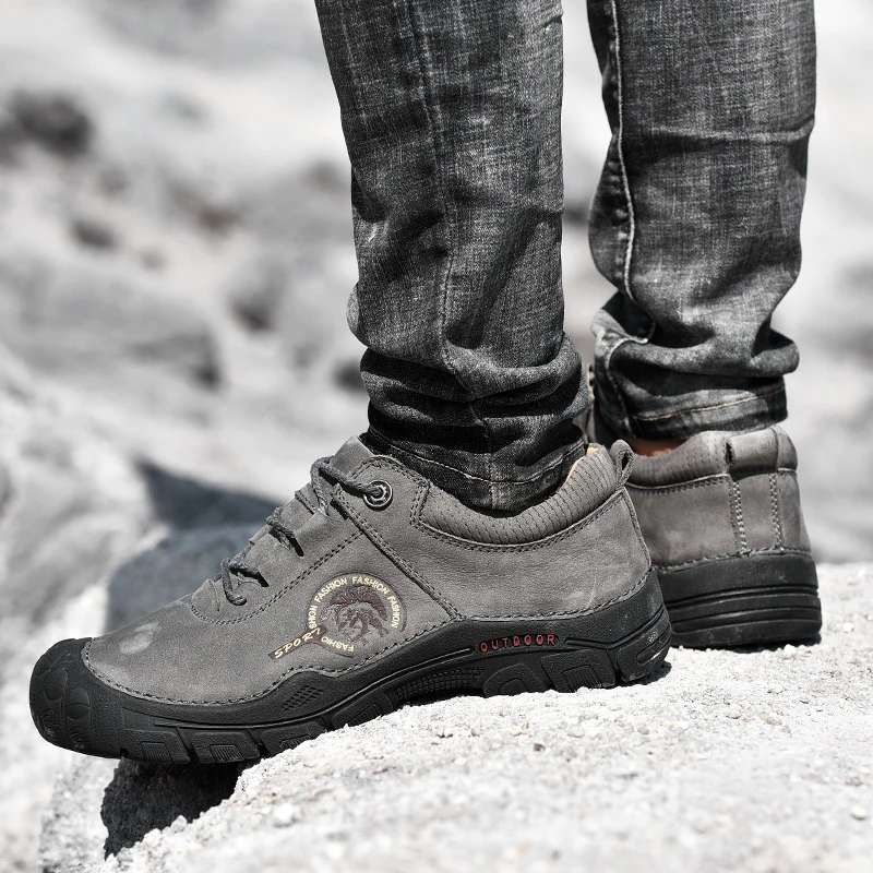 High Quality Genuine Leather Waterproof Hiking Shoes Men Outdoor Retro Casual Soft Sneakers Male Non-slip Camping Trekking Shoes