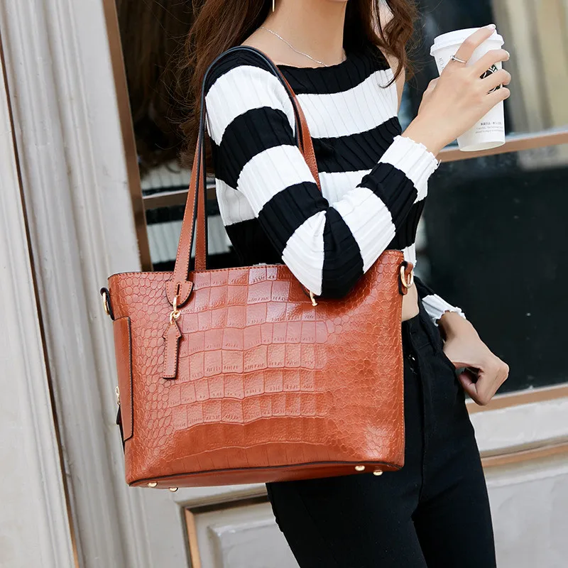 

MJ Women Shoulder Bag Female Large PU Leather Women Handbag Crocodile Patterned Leather Tote Big Crossbody Handbag Messenger Bag