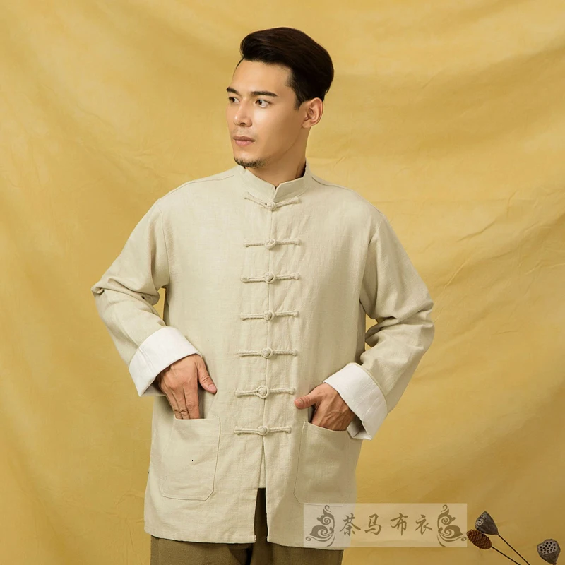 Осенние мужские льняные куртки Hanfu в китайском стиле, традиционные топы, костюм Tang, Свободная блуза с длинными рукавами, Восточная одежда Kung Fu Asia