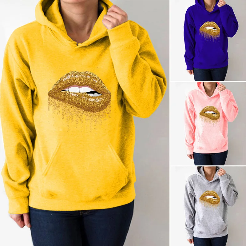 

Golden Lip Printed Hoodies Women Fleece Long Sleeve Loose Sweatshirt with Hat Girls Women Hoodie Pullovers Winter