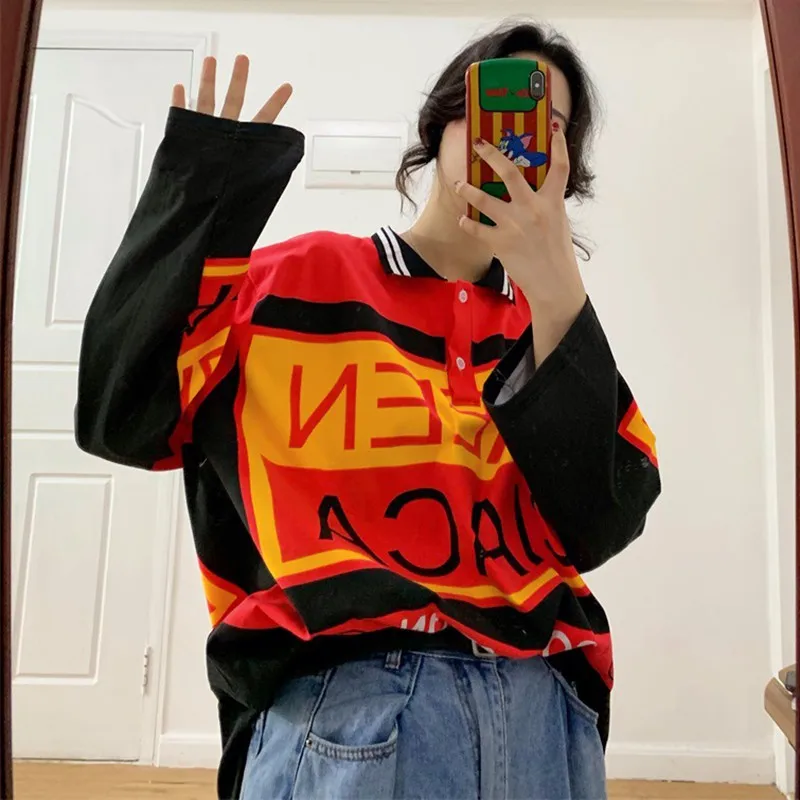 Осенняя Женская голографическая футболка Корейская Повседневная рубашка-поло с