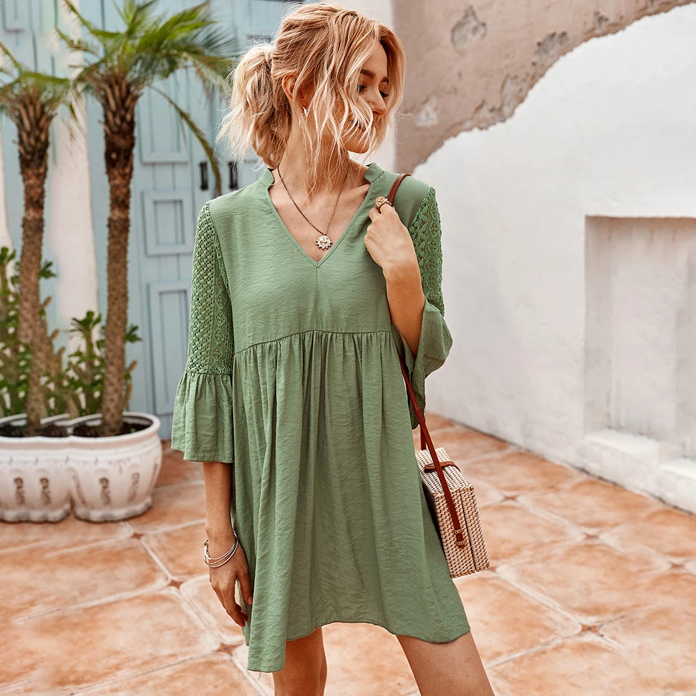 Женское платье кружевное мини-платье с рюшами желтая Повседневная Свободная