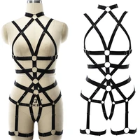 bondage body harness belt pole dance sexy lingerie punk leg garter hollow open chest bra woman black adjust bodysuit