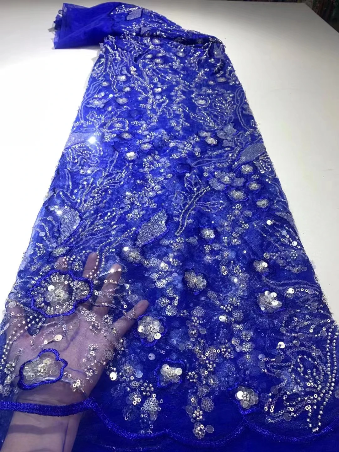 

African beaded Lace Fabric High Quality Nigerian Embroidery Tulle with Sequins&Beads French Lace for Party wedding