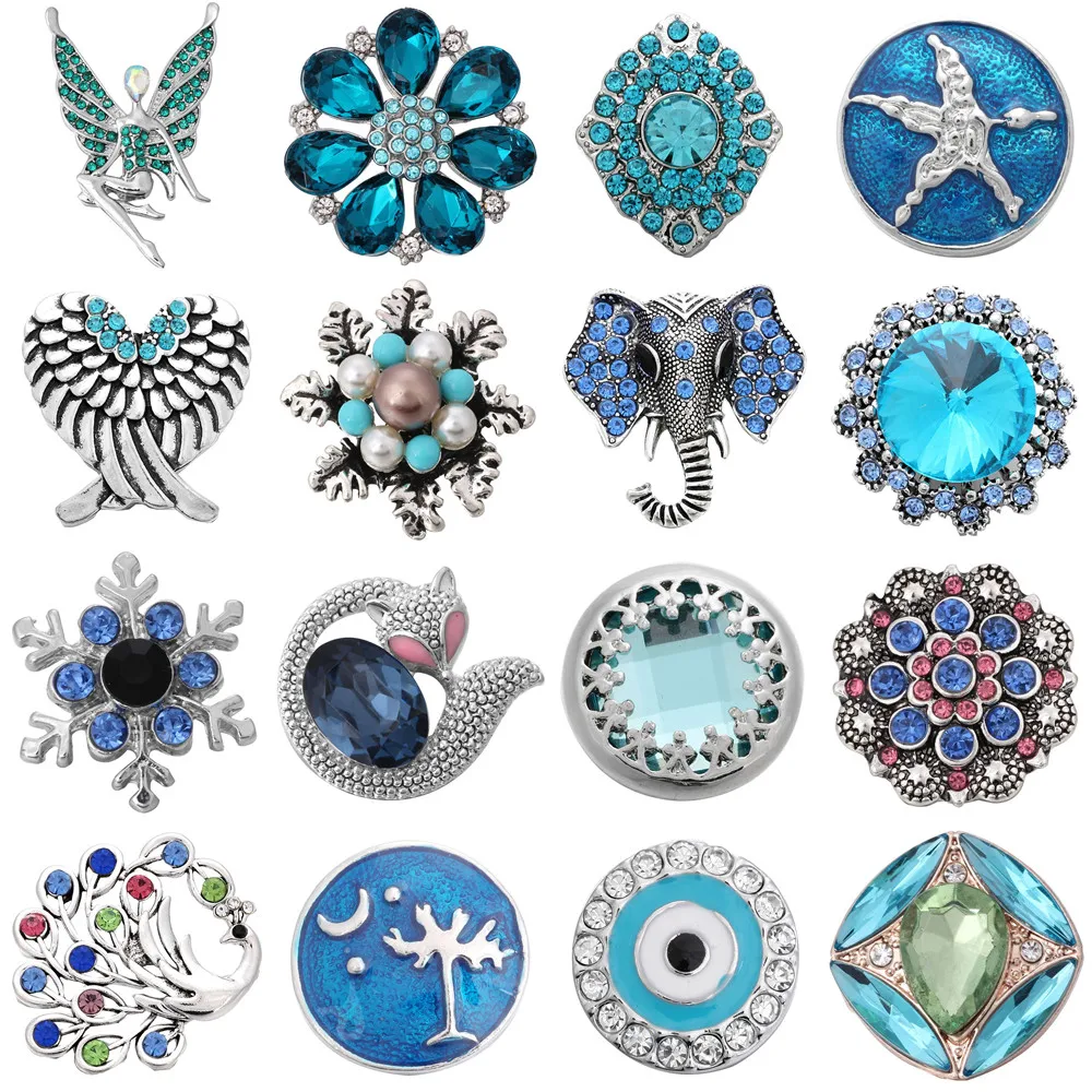 

5pcs/lot New Rhinestone Sky Blue Snaps Jewelry 20mm 18mm Metal Snap Button Fit DIY Metal Snap Button Bracelet Necklace