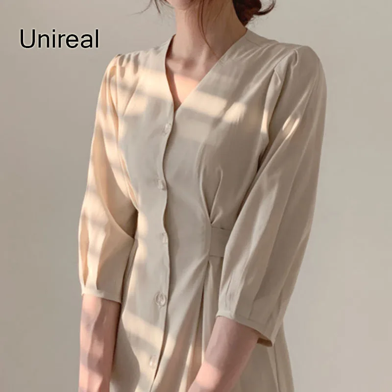 

Unireal 2021 Summer Women Midi Dress Half Sleeve Vintage Elegant Lady Single Breasted Casual Shirt Dress