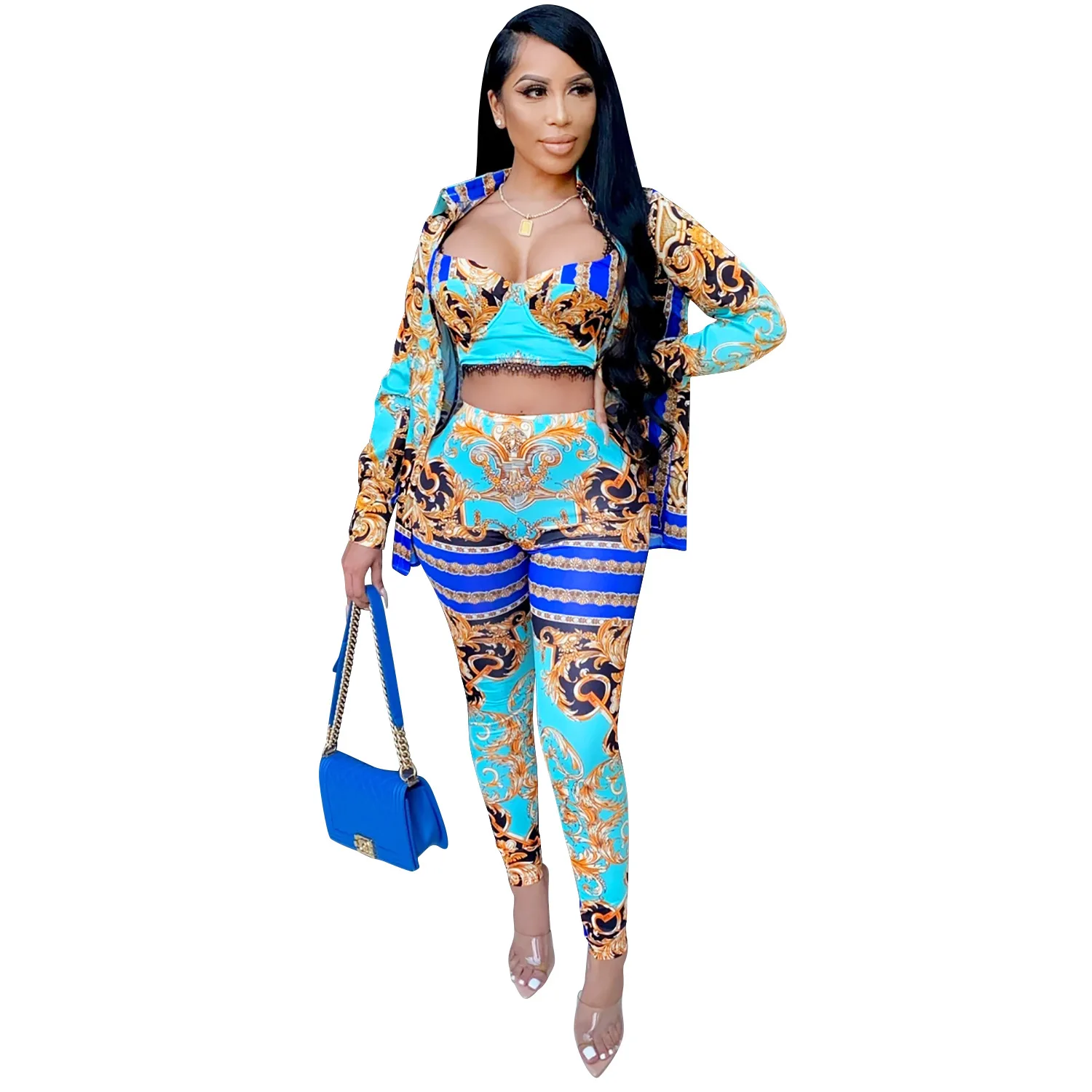 

WenQing Strap Women'S Set Retro Print Sexy 3 Two Piece Set Crop Top Long Sleeve Cloak And Pencil Leggings Pants Set Suit Outfit