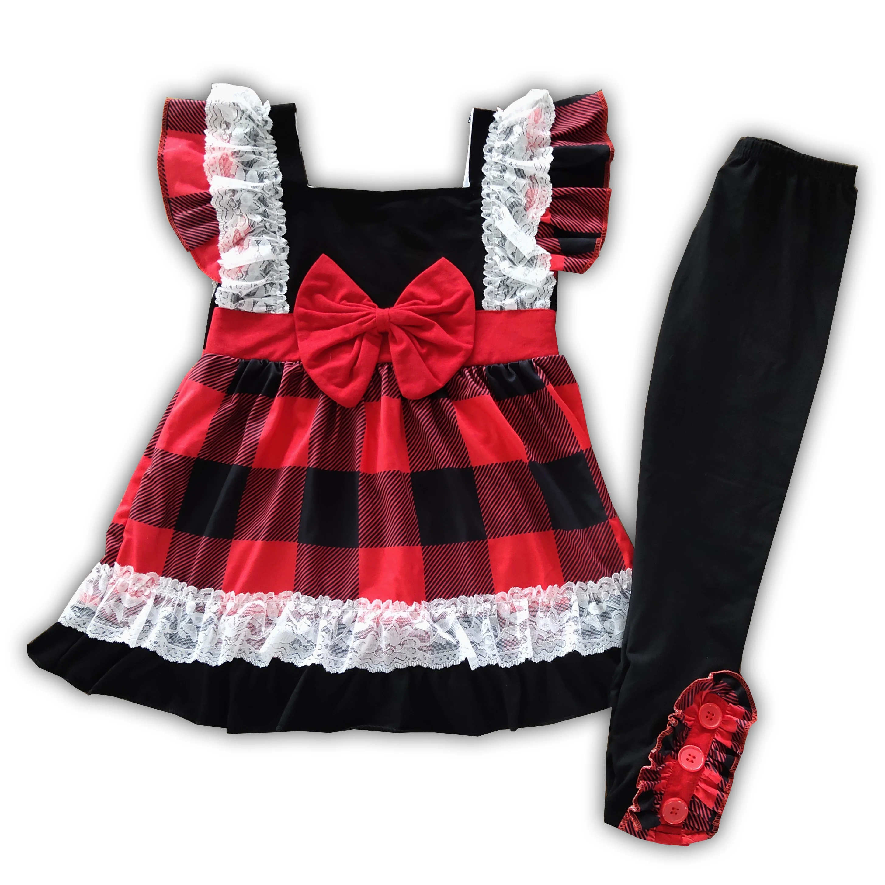 

Baby Girl Lace Red Black Plaid Wth Bow Tunic Button Tight Kid Clothing Sets 88