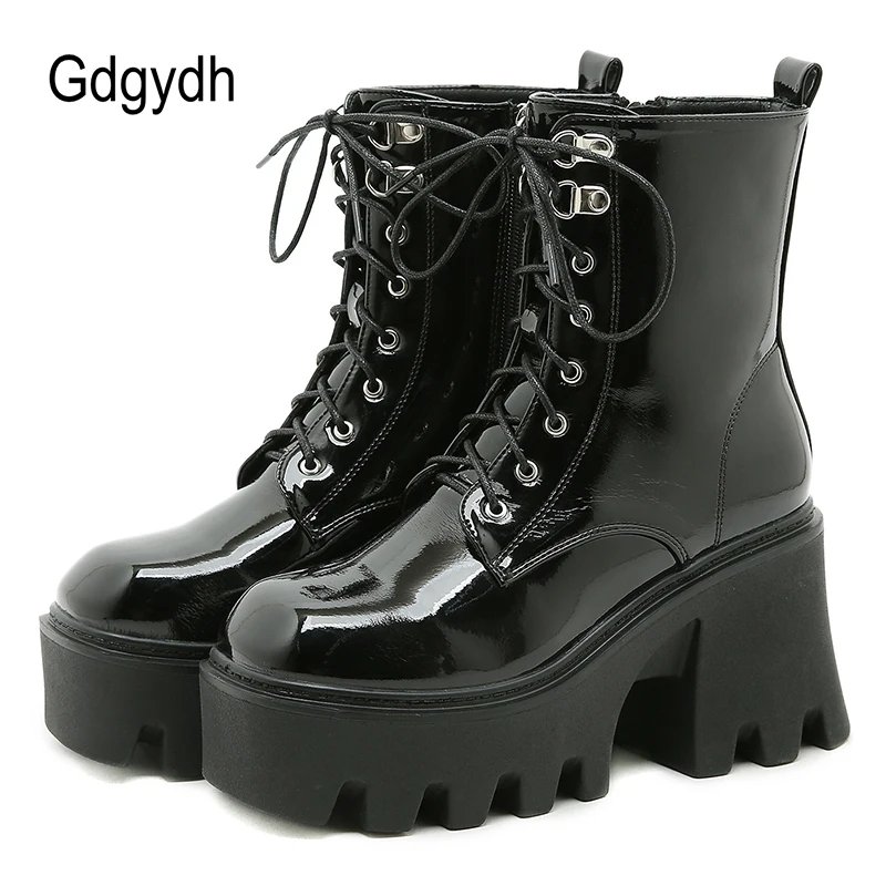 

Gdgydh Patent Leather Ankle Boots Thick Heeled New Arrival Platform Motorcycle Boots Women Rubber Sole Top Quality Street Walk