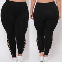 plus size fashion women ripped plaid panel leggings casual elastic waist straight pencil pants fitted leggins mujer hollow out