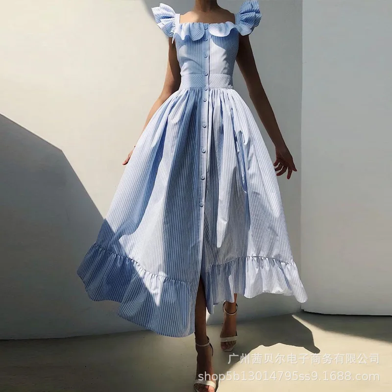 

Mandylandy Dress Summer Spaghetti Strap Square Collar Backless Single-Breasted Split Dress Women Striped Ruffles Stitching Dress
