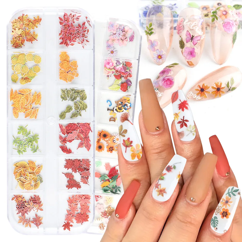 

Summer Manicure Accessories 12 Grid Boxed Wood Pulp Pieces Color Flowers Butterfly Maple Leaf Nail Decoration 3d Charms Art