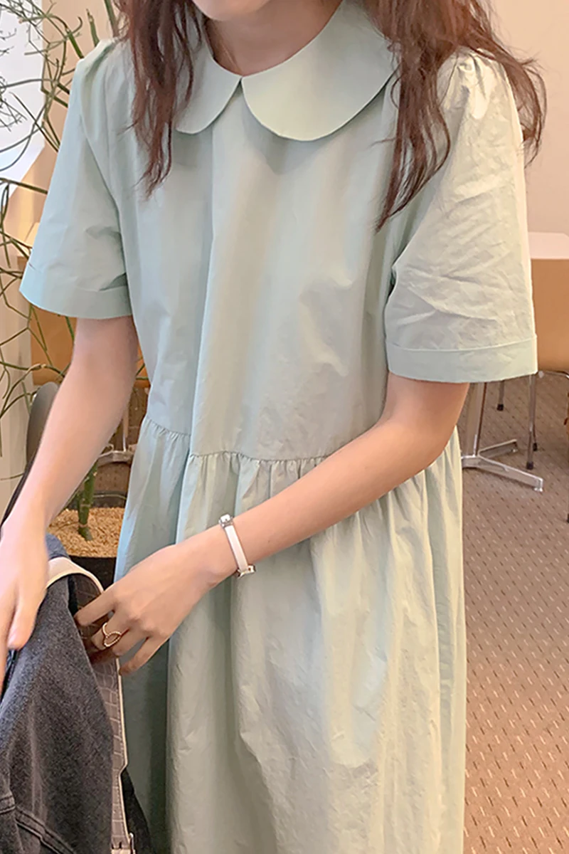 

ZCSMLL Lapel Pleated Loose Female Vestido Short-sleeved Doll Solid Color Dress Women 2021 Spring Summer