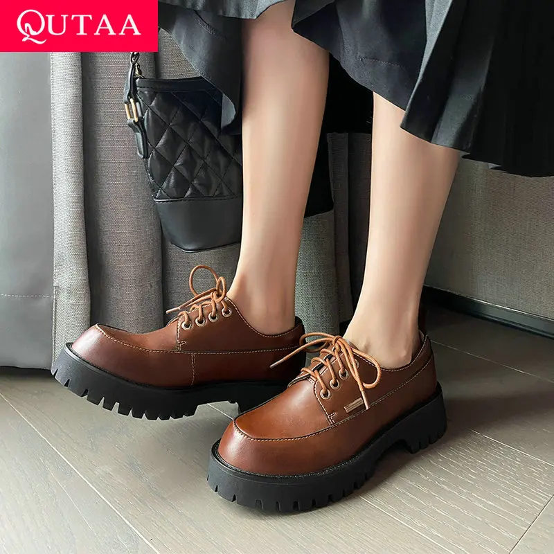 

QUTAA 2021 Platform Casual Lace Up Women Shoes Fashion Square Med Heels Genuine Leather Elegant Female Pumps Big Size 34-39