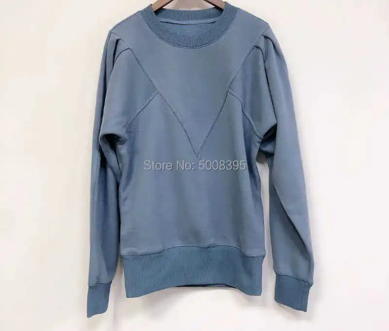 

Woman Grey Blue Cotton Sweatshirt Round Neck Puff Shoulders Fleece Lining Pullovers 2021FW