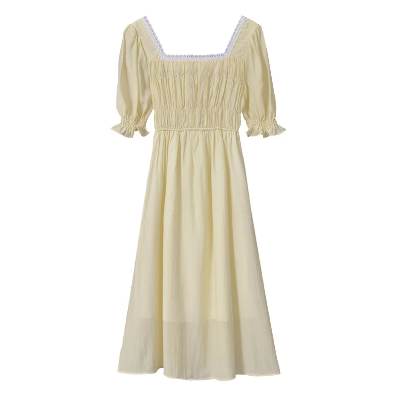 

TVVOVVIN French Square Collar Pleated A-line Dress Women's 2021 Summer New Lace Puff Sleeve High Waist Mid-length Dress SSXN