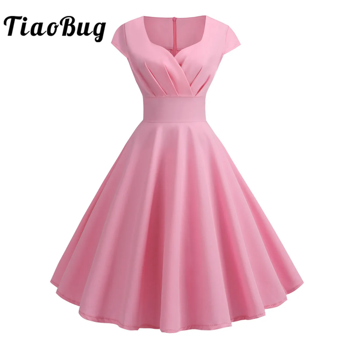 

Women Pink Summer Dress V Neck Big Swing Vintage Dress Bridesmaid Evening Gown Robe Femme Elegant Retro Pin Up Party Dresses