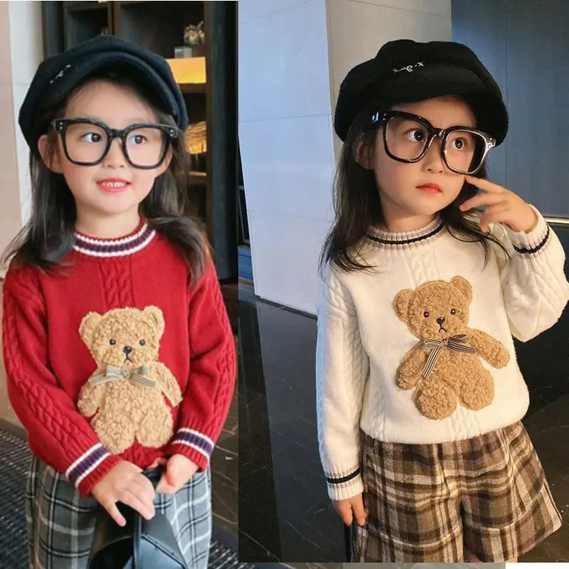 Children's Long Sleeve Sweater Cartoon 3D Plush Bear Applique Pullover O-Neck Collar Baby Girl's Pullover Sweaters Clothing