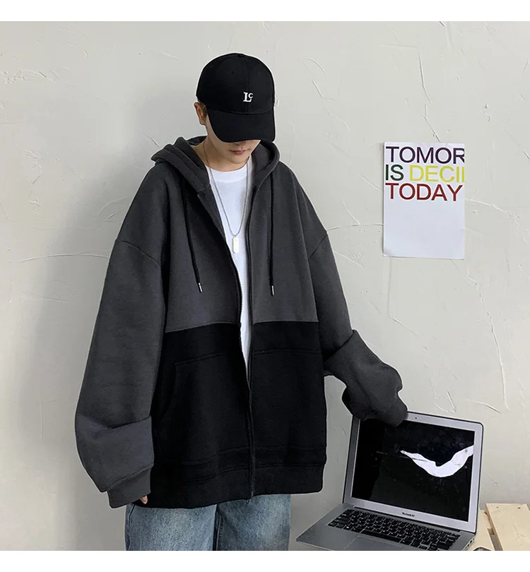 

ZOGAA New Winter Men's Sweatshirt Streetwear Hooded Pullover Cardigan Stitching Contrast Color Fashion Casual Harajuku Men' coat