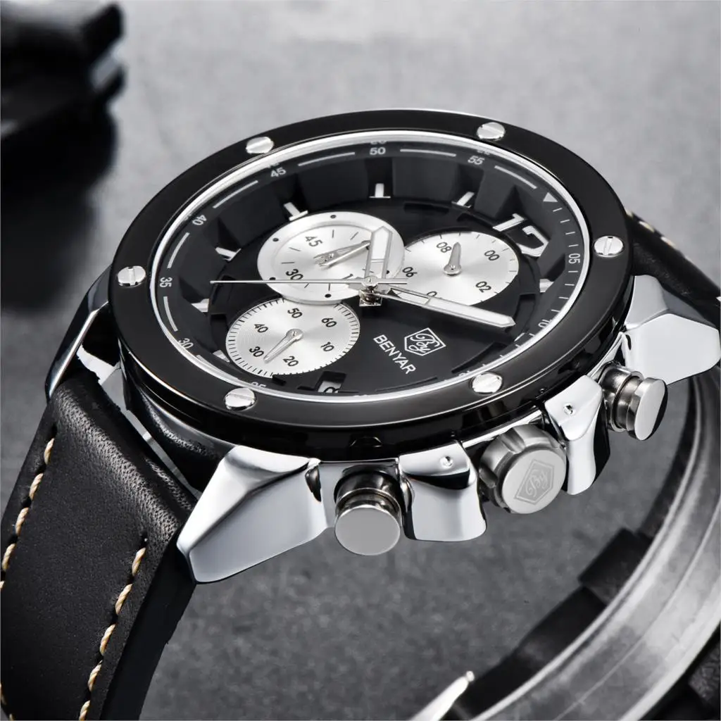 

BENYAR Military Watch Wrist Watches for Men Fashion Casual Sports Business Watches Luxury Quartz Leather 25 24 Paper Round 46mm