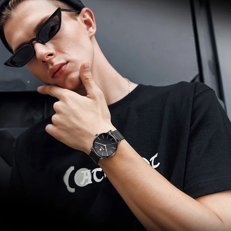 

Men Business Quality Top Brand Clock Homme Stainless Steel Mesh Band Watch Male Good Time Teen Quartz Wristwatch Man Black Cool