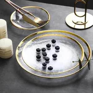 Clear Glass Gold Stroke Tableware Charger Plate Transparent Glass Dinner Cake Food Dessert Plate Bowl Set Tableware Diner Plate