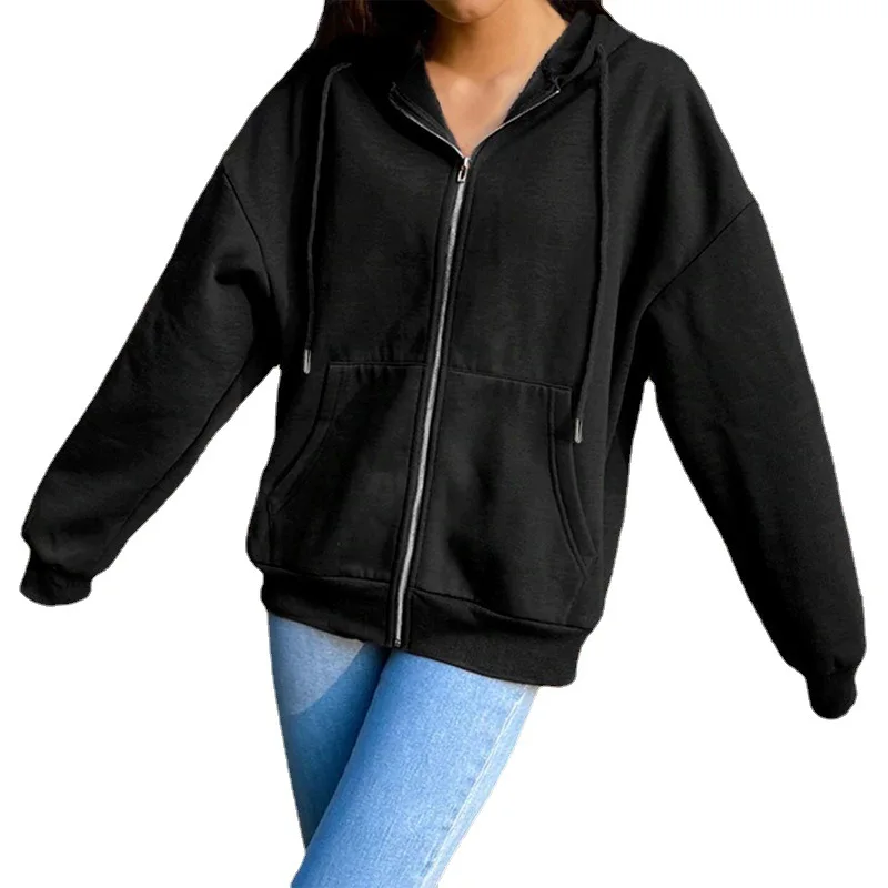 Autumn Fleece Hoodie Solid Color Hooded Korean Fashion Sweatshirts Long Sleeve Top Drawstring Pockets Loose Zipper Black Hoodies | Женская