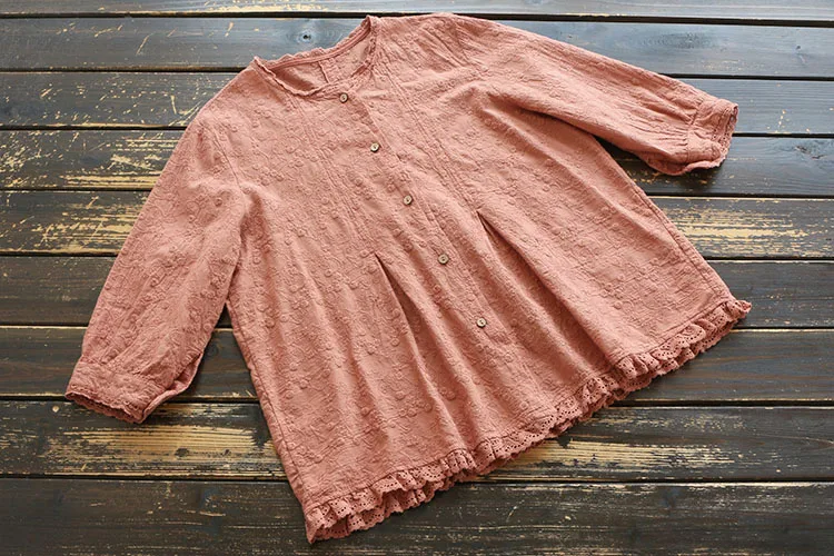 

7657 New Summer Women Blouse Mori Girl Casual Literary Cotton Embroidery Three Quarter Sleeve Ruffle Collar Tops Women